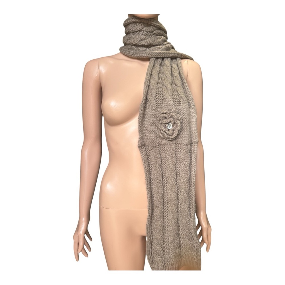 Chic Taupe Knit Scarf with Floral Detail